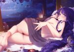  ass black_panties braid braided_ponytail breasts covered_nipples feet finger_to_mouth genshin_impact large_breasts looking_at_viewer lying mitsu_(mitsu_art) mole mole_under_eye nude on_side outdoors panties purple_eyes purple_hair raiden_shogun seductive_smile see-through see-through_silhouette smile soles underwear 