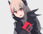  1girl black_gloves black_jacket black_scarf blonde_hair eyebrows_visible_through_hair girls&#039;_frontline gloves hair_ornament hand_on_head highres hinami047 jacket long_hair looking_at_viewer m4_sopmod_ii_(girls&#039;_frontline) multicolored_hair open_mouth red_eyes scarf smile solo white_background 