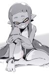  1girl bare_legs barefoot blush brown_eyes fangs grin hugging_own_legs inkling knee_up long_hair looking_at_viewer navel partially_visible_vulva pointy_ears short_eyebrows short_shorts shorts sitting smile solo splatoon_(series) spot_color tan tanlines tentacle_hair thick_eyebrows toku_(ke7416613) topless very_long_hair 