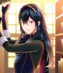 1girl ameno_(a_meno0) bangs black_sweater blue_cape blue_eyes blue_gloves blue_hair blush book bookshelf cape eyebrows_visible_through_hair fingerless_gloves fire_emblem fire_emblem_awakening gloves hair_between_eyes indoors lips long_hair long_sleeves looking_at_viewer lucina_(fire_emblem) parted_lips pink_lips red_cape ribbed_sweater shiny shiny_hair sidelocks smile solo sunlight sweater teeth tiara turtleneck turtleneck_sweater two-tone_cape window 