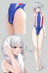  1boy :o absurdres barefoot bulge commentary_request competition_swimsuit covered_navel dripping full_body glasses grey_background highres male_focus multicolored_hair multiple_views no_eyewear one-piece_swimsuit original otoko_no_ko pink_hair purple_eyes short_hair silver_hair simple_background standing streaked_hair swimsuit towel towel_on_head translation_request ueda_rea v-shaped_eyebrows wet 