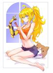  1girl ahoge blonde_hair breasts ember_celica_(rwby) glasses highres iesupa large_breasts long_hair midriff pillow ponytail prosthesis prosthetic_arm purple_eyes rwby screwdriver short_shorts shorts solo tank_top wavy_hair yang_xiao_long 