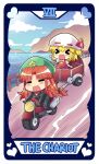  &gt;_&lt; 2girls =_= alternate_costume ascot biker_clothes bikesuit blonde_hair blush bodysuit braid closed_eyes colonel_aki dress eyebrows_visible_through_hair flandre_scarlet ground_vehicle hair_between_eyes hair_ribbon hat hat_ornament hat_ribbon hong_meiling long_hair mob_cap motor_vehicle multiple_girls open_mouth red_dress red_hair ribbon short_hair star_(symbol) star_hat_ornament tarot touhou twin_braids yellow_neckwear 