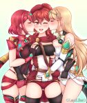  3girls absurdres anna_(fire_emblem) artist_name beret black_gloves black_legwear blonde_hair blush breast_grab breast_press breasts closed_eyes covered_navel crossover eyebrows_visible_through_hair fingering fingerless_gloves fire_emblem fire_emblem_warriors gloves grabbing gradient gradient_background group_sex hat highres kiss kissing_cheek lace lace_panties lewdlilies long_hair medium_breasts micro_shorts multiple_girls mythra_(xenoblade) one_eye_closed open_mouth panties pyra_(xenoblade) red_eyes red_hair red_headwear red_legwear red_panties short_hair shorts sleeveless threesome tiara underwear xenoblade_chronicles_(series) xenoblade_chronicles_2 yuri 