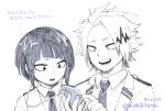  1boy 1girl arrow_(symbol) bangs blunt_bangs bob_cut boku_no_hero_academia buthikireta collared_shirt commentary_request dated greyscale highres holding holding_phone jacket jewelry jirou_kyouka kaminari_denki monochrome necklace necktie open_mouth phone school_uniform shirt short_hair teeth translation_request twitter_username u.a._school_uniform upper_body white_background 