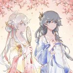  2girls :d amulet antenna_hair bangs black_hair blue_eyes breasts cherry_blossoms chinese_clothes cleavage closed_mouth fu_hua hair_between_eyes hair_ornament hand_fan hanfu highres holding holding_fan honkai_(series) honkai_impact_3rd kiana_kaslana long_sleeves looking_at_another looking_at_viewer multiple_girls open_mouth petals small_breasts smile tanghc175 tree white_hair 