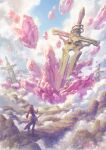  ambiguous_gender blue_sky cloud crystal fantasy garutaisa original oversized_object planted planted_sword red_scarf scarf scenery sky solo standing sword weapon 
