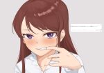  1girl blush brown_hair clenched_teeth copyright_request finger_in_mouth grey_background hand_up highres long_hair long_sleeves looking_at_viewer mouth_pull osame purple_eyes sanpaku shirt solo teeth translation_request upper_body white_shirt 