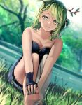 1girl absurdres anonamos antlers bare_shoulders barefoot blue_dress blurry blurry_background braid breasts ceres_fauna cleavage dress fingerless_gloves flower gloves gold_trim green_hair green_nails hair_flower hair_ornament highres hololive hololive_english huge_filesize large_breasts looking_at_viewer medium_hair mole mole_under_eye nail_polish nature on_ground outdoors single_thighhigh sitting smile solo strapless strapless_dress thighhighs toes virtual_youtuber white_legwear yellow_eyes 