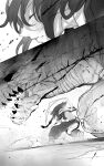  1girl absurdres animal_ears battle black_hair blood blood_spray brachydios cat_ears closed_eyes greyscale hairband highres midriff monochrome monster_hunter_(series) nargacuga_(armor) niwarhythm scarf weapon 