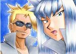  2boys attila_(pokemon) bangs black_eyes blonde_hair blue_background blue_eyes collarbone commentary_request eyebrows_visible_through_hair grey_hair grey_jacket grey_vest highres hun_(pokemon) jacket long_hair looking_down male_focus multiple_boys oka_mochi open_mouth parted_lips pokemon pokemon_(anime) pokemon_(classic_anime) popped_collar shirt smirk spiked_hair sunglasses team_rocket tongue traditional_media vest 