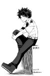  1boy bangs belt boku_no_hero_academia buthikireta character_name commentary_request dated freckles from_side full_body greyscale highres knee_up looking_at_viewer male_focus midoriya_izuku monochrome necktie own_hands_together pants shirt shoes short_hair short_sleeves simple_background sitting smile solo twitter_username white_background 