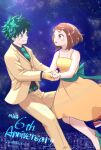  1boy 1girl anniversary bangs bare_arms bare_shoulders black_shirt blush boku_no_hero_academia brown_eyes brown_hair buthikireta collarbone commentary_request copyright_name dated dress eye_contact fingerless_gloves gloves green_belt green_eyes green_neckwear high_heels highres holding_hands jacket looking_at_another midoriya_izuku necktie orange_dress orange_jacket orange_pants pants shirt shoes short_necktie sky smile star_(sky) starry_sky teeth twitter_username uraraka_ochako 