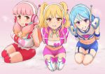  3girls bike_shorts blonde_hair blue_hair blue_shorts blush breasts choker cleavage clenched_teeth copyright_request flat_chest gradient_hair half-closed_eyes headphones headset highres kneeling large_breasts looking_at_viewer microphone midriff multicolored_hair multiple_girls navel osame pink_background pink_hair pink_shorts purple_choker purple_eyes red_eyes red_legwear red_shorts restrained robot_ears sanpaku shirt shorts sweat teeth thighhighs twintails white_legwear white_shirt 
