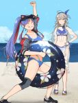  2girls ahoge annin_musou arm_up barefoot beach bikini blue_bikini blue_hair blush breasts cleavage closed_eyes closed_mouth collarbone day eyebrows_visible_through_hair grey_eyes grin highres holding innertube kantai_collection long_hair multicolored_hair multiple_girls ocean red_hair sandals sarong short_sleeves silver_hair smile south_dakota_(kancolle) swimsuit washington_(kancolle) 