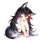  1girl absurdres animal_ear_fluff animal_ears bangs barefoot black_hair black_shorts blush closed_eyes closed_mouth deany eyebrows_visible_through_hair feet full_body hair_between_eyes hair_ornament hairclip hands_on_own_knees highres hololive knees_up legs long_hair long_sleeves looking_at_viewer messy_hair multicolored_hair ookami_mio red_hair shirt short_shorts shorts simple_background sitting soles solo streaked_hair tail thighs toes virtual_youtuber white_background white_shirt wolf_ears wolf_girl wolf_tail younger 