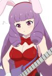  1girl animal_ears bangs blunt_bangs blush bow bowtie breasts cleavage copyright_request cowboy_shot eyebrows_visible_through_hair hairband highleg highleg_leotard highres holding holding_instrument instrument large_breasts leotard long_hair music musical_note osame pantyhose parted_lips playing_instrument purple_eyes purple_hair rabbit_ears red_bow red_leotard red_neckwear simple_background solo strapless strapless_leotard white_background 