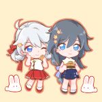  2girls antenna_hair bangs black_hair blue_eyes chibi china_dress chinese_clothes closed_mouth double_bun dress eating food food_in_mouth food_on_face fu_hua full_body hair_between_eyes hair_ornament hand_on_own_cheek hand_on_own_face highres holding holding_food honkai_(series) honkai_impact_3rd kiana_kaslana mooncake multiple_girls one_eye_closed simple_background smile standing tanghc175 white_hair yellow_background 