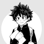  1boy bangs boku_no_hero_academia buthikireta closed_mouth commentary_request freckles grey_background greyscale holding long_sleeves male_focus midoriya_izuku monochrome multicolored_hair short_hair simple_background smile solo spiked_hair twitter_username two-tone_background two-tone_hair upper_body white_background 