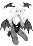  1girl animal_print bat_print blush braid breasts bridal_gauntlets clothing_cutout copyright_request cosplay full_body greyscale hair_over_shoulder hands_up head_wings heart heart_cutout high_heels highres kneeling leotard long_hair looking_at_viewer monochrome morrigan_aensland morrigan_aensland_(cosplay) osame pantyhose simple_background small_breasts smile solo strapless strapless_leotard tongue tongue_out vampire_(game) white_background wings 