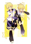  2boys arm_warmers bass_clef belt black_collar black_legwear black_shorts black_sleeves blonde_hair border collar collared_shirt commentary d_futagosaikyou detached_sleeves dual_persona green_eyes headphones highres holding_another&#039;s_arm kagamine_len kagamine_len_(append) leg_warmers male_focus multiple_boys necktie open_mouth pendant_choker pulled_by_another pulling running sailor_collar school_uniform shirt short_ponytail shorts sleeveless sleeveless_shirt spiked_hair standing star_(symbol) v-shaped_eyebrows vocaloid vocaloid_append white_border white_shirt wide-eyed yellow_background yellow_neckwear 