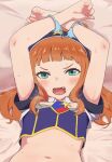 1girl aikatsu!_(series) aikatsu_stars! blue_neckwear blush cuffed cuffs fang flat_chest green_eyes hand_up handcuffs highres long_hair looking_at_viewer lying midriff navel necktie on_back on_bed open_mouth osame restrained saotome_ako short_necktie solo stomach 