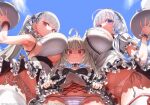  3girls ahoge armpits asanagi azur_lane bangs black_nails blue_eyes blunt_bangs blush bow bow_panties breast_press breasts clothes_lift eyebrows_visible_through_hair fang formidable_(azur_lane) from_below grey_hair hair_ribbon hairband huge_breasts illustrious_(azur_lane) large_breasts long_hair looking_down looking_up lowleg lowleg_panties maid mole mole_under_eye multiple_girls nail_polish navel panties puffy_short_sleeves puffy_sleeves red_eyes ribbon short_sleeves side-tie_panties skirt skirt_lift sky small_breasts string_panties striped striped_panties thighhighs twintails underboob underwear vampire_(azur_lane) white_hair white_legwear white_panties 