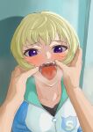  1girl 1other blonde_hair blush copyright_request fangs heart heart-shaped_pupils highres jacket looking_at_viewer open_mouth osame pov pov_hands purple_eyes saliva short_hair symbol-shaped_pupils 