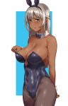  1girl adjusting_clothes adjusting_leotard animal_ears arm_behind_back black_legwear blue_background blue_eyes blue_leotard blush braid breasts cleavage clothes_pull commentary_request covered_navel dark-skinned_female dark_skin detached_collar fake_animal_ears hai_ookami highres large_breasts leotard long_hair looking_at_viewer original outside_border pantyhose pantyhose_pull playboy_bunny rabbit_ears sex silver_hair simple_background solo standing standing_sex straight_hair strapless strapless_leotard white_background wrist_cuffs 