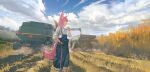  1girl animal_ears black_gloves blue_overalls blue_sky chinese_commentary cigarette cloud cloudy_sky combine_harvester commentary_request feet_out_of_frame field fox_ears fox_girl fox_tail gloves gloves_removed ground_vehicle highres holding holding_cigarette looking_to_the_side motor_vehicle original outdoors pink_hair red_eyes shirt single_glove sky solo tail wheat wheat_field white_shirt yi_neng_ren_xiao_zao 