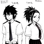  1boy 1girl amajiki_tamaki bangs belt boku_no_hero_academia breasts buthikireta closed_mouth collared_shirt commentary_request cowboy_shot dated greyscale highres large_breasts long_hair looking_at_viewer monochrome necktie pants pointy_ears ponytail school_uniform shirt shirt_tucked_in short_sleeves simple_background smile translation_request twitter_username u.a._school_uniform upper_body white_background yaoyorozu_momo 