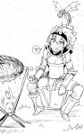  1girl :p absurdres bandeau blush boned_meat bonfire boots breasts bug camping character_request cleavage cooking food greyscale hairband heart highres kirin_(armor) meat monochrome monster_hunter_(series) niwarhythm outdoors pelvic_curtain sitting smile spoken_heart spread_legs tongue tongue_out 