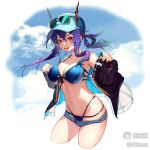  1girl :d arknights azema bangs bare_shoulders baseball_cap bikini black_jacket blue_bikini blue_hair blue_headwear blue_shorts blue_sky breasts ch&#039;en_(arknights) ch&#039;en_the_holungday_(arknights) cleavage cloud cropped_legs day dragon_horns eyewear_on_headwear front-tie_bikini front-tie_top groin hair_between_eyes hat highres horns horns_through_headwear jacket large_breasts long_hair long_sleeves looking_at_viewer micro_shorts navel off_shoulder open_clothes open_jacket open_mouth red_eyes shorts sidelocks sky smile solo stomach sunglasses swimsuit thighs 