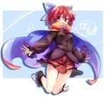  1girl bangs black_footwear black_shirt blue_background blue_bow bow cape full_body hair_bow high_collar isu_(is88) long_sleeves looking_at_viewer open_mouth purple_cape red_cape red_eyes red_hair red_skirt sekibanki shirt shoes short_hair skirt smile solo touhou two-sided_cape two-sided_fabric 