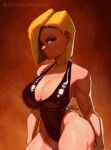  1girl android_18 black_swimsuit blonde_hair blue_eyes breasts cleavage cowboy_shot crimson_kaiserin dragon_ball dragon_ball_z highleg highleg_swimsuit large_breasts narrow_waist one-piece_swimsuit parted_hair shiny shiny_clothes sideboob solo standing swimsuit thick_thighs thighs 