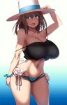  1girl bangs bare_shoulders bikini black_bikini blue_bikini braid breasts brown_hair charlotte_corday_(fate) charlotte_corday_(swimsuit_caster)_(fate) cleavage collarbone fate/grand_order fate_(series) flower green_eyes hat highres kuronyan large_breasts looking_at_viewer mismatched_bikini navel short_hair side_braid sun_hat swimsuit thighs white_headwear 