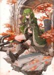  1girl absurdres arch arknights autumn_leaves black_footwear black_shorts boots cape commentary crocodilian_tail eyebrows_visible_through_hair full_body gavial_(arknights) green_cape green_hair highres holding holding_staff holding_tail jumbowhopper outdoors pointy_ears shorts sidelocks sitting solo staff tail thigh_boots thighhighs yellow_eyes 