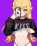  1girl absurdres apple_inc. bandaid bandaids_on_nipples black_sweater blonde_hair blush breasts cellphone chung1000 closed_mouth clothes_lift clothes_writing cowboy_shot crossed_bandaids hair_flaps hair_over_one_eye highres iphone lifted_by_self long_hair long_sleeves monogatari_(series) navel one_eye_covered oshino_shinobu pasties phone pointy_ears print_shirt purple_background shirt simple_background skindentation small_breasts smartphone solo sweater sweater_lift underboob yellow_eyes 