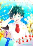  1boy :d bangs blurry boku_no_hero_academia buthikireta character_name collared_shirt commentary_request confetti dated depth_of_field freckles gift green_eyes green_hair hand_in_hair hand_up happy_birthday highres looking_at_viewer male_focus midoriya_izuku necktie open_mouth shirt short_hair short_necktie smile solo teeth twitter_username upper_body 