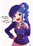  1girl :d aikatsu! aikatsu!_(series) blood blood_on_face blue_eyes blue_hair blue_jacket buttons cowboy_shot double-breasted hair_ornament hair_scrunchie hand_on_hip heart heart-shaped_pupils highres jacket kiriya_aoi long_sleeves looking_at_viewer one_side_up open_mouth osame pleated_skirt pointing pointing_at_viewer scrunchie shirt simple_background skirt smile solo symbol-shaped_pupils translation_request vampire white_background white_shirt white_skirt 