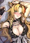  1girl absurdres animal_ear_fluff animal_ears arknights black_collar black_gloves black_swimsuit blonde_hair blush breasts center_opening chinese_commentary cleavage clothes_around_waist collar commentary_request drill_hair fingerless_gloves gloves green_eyes hands_up highres jewelry joshua_(tubie) lips long_hair looking_at_viewer lying multicolored_hair necklace official_alternate_costume on_back pearl_necklace red_hair red_nails shadow shirt shirt_around_waist single_glove sketch solo streaked_hair swimsuit swire_(arknights) tiger_ears tile_floor tiles upper_body watch white_shirt wristwatch 