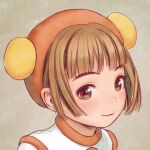  bangs brown_eyes brown_hair gouketsuji_ichizoku grey_background hananokouji_kurara hat murata_range official_art photoshop_(medium) short_hair simple_background smile upper_body 