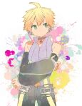  1boy bare_shoulders bass_clef belt black_shorts black_sleeves blonde_hair cowboy_shot crossed_arms d_futagosaikyou detached_sleeves expressionless green_eyes grey_shirt headphones kagamine_len kagamine_len_(append) male_focus midriff pendant_choker shirt shorts sideways_glance sleeveless sleeveless_shirt solo spiked_hair splatter_background standing turtleneck vocaloid vocaloid_append white_background 