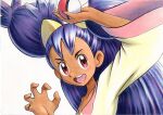  1girl :d arm_up bangs big_hair claw_pose collarbone commentary_request dark-skinned_female dark_skin eyelashes hand_up highres holding holding_poke_ball iris_(pokemon) long_hair looking_at_viewer oka_mochi open_mouth poke_ball poke_ball_(basic) pokemon pokemon_(game) pokemon_bw purple_hair red_eyes shirt smile solo tongue traditional_media two_side_up upper_body upper_teeth white_background yellow_shirt 