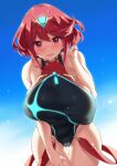 1girl bangs bare_shoulders black_swimsuit blue_sky blush breasts chest_jewel earrings fuya_(tempupupu) jewelry large_breasts looking_at_viewer one-piece_swimsuit open_mouth pyra_(pro_swimmer)_(xenoblade) pyra_(xenoblade) red_eyes red_hair red_swimsuit short_hair sky smile solo swept_bangs swimsuit tiara two-tone_swimsuit xenoblade_chronicles_(series) xenoblade_chronicles_2 