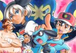  1girl 3boys ash_ketchum bangs baseball_cap bea_(pokemon) black_hair blue_eyes blue_jacket bow_hairband brown_eyes brown_hair chuck_(pokemon) clenched_hand closed_mouth collared_shirt commentary_request crossed_arms eyelashes facial_hair goh_(pokemon) grapploct grey_hair grey_shirt hair_between_eyes hairband hat highres jacket multiple_boys mustache navel oka_mochi open_mouth pink_background pointing pokemon pokemon_(anime) pokemon_(creature) pokemon_swsh_(anime) raboot riolu shirt shirtless short_hair sleeveless sleeveless_jacket sobble tongue traditional_media upper_teeth white_shirt wristband 