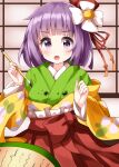  1girl :o bangs eyebrows_visible_through_hair floral_print flower green_kimono hair_flower hair_ornament hieda_no_akyuu highres holding holding_paintbrush indoors ink ink_on_clothes japanese_clothes kimono long_sleeves looking_at_viewer open_mouth paintbrush purple_eyes purple_hair red_skirt ruu_(tksymkw) scroll short_hair skirt solo touhou v-shaped_eyebrows white_flower wide_sleeves 