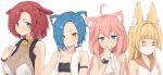  4girls absurdres ahoge animal_ear_fluff animal_ears bandeau bangs bare_shoulders bell black_bandeau black_choker blonde_hair blue_eyes blue_hair blush bracelet breasts brown_eyes brown_sailor_collar cat_ears choker cleavage closed_mouth clothes_lift collarbone commentary_request covered_collarbone cow_ears dog_ears ear_tag eyebrows_visible_through_hair eyes_visible_through_hair faceless faceless_female facing_viewer forehead fox_ears green_eyes grin hair_between_eyes hair_intakes hair_over_one_eye hand_up highres hinata_channel inugami_kokage jacket jewelry long_hair low_twintails mask medium_breasts mole mole_under_eye mouth_mask multiple_girls nekomiya_hinata open_clothes open_jacket parted_bangs pink_hair red_hair sailor_collar sazarashi_tama see-through shirt shirt_lift short_hair simple_background skindentation sleeveless sleeveless_jacket sleeveless_shirt small_breasts smile spiked_bracelet spikes sweat tank_top twintails upper_body virtual_youtuber watch white_background white_jacket white_shirt white_tank_top wristwatch yahiro_kei yakihebi 