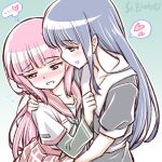  2girls arm_around_shoulder artist_name blue_hair blush braid embarrassed flying_sweatdrops heart long_hair magia_record:_mahou_shoujo_madoka_magica_gaiden mahou_shoujo_madoka_magica multiple_girls nanami_yachiyo pink_hair school_uniform serafuku smile spoken_heart studiozombie tamaki_iroha upper_body yuri 