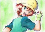  1girl :d bangs brown_hair choker commentary_request georgia_(pokemon) green_background green_choker green_shirt green_vest hair_between_eyes hand_up hat highres holding holding_poke_ball oka_mochi open_mouth poke_ball poke_ball_(basic) pokemon pokemon_(anime) pokemon_bw_(anime) shirt short_hair short_sleeves smile solo tongue traditional_media upper_body upper_teeth vest yellow_headwear 